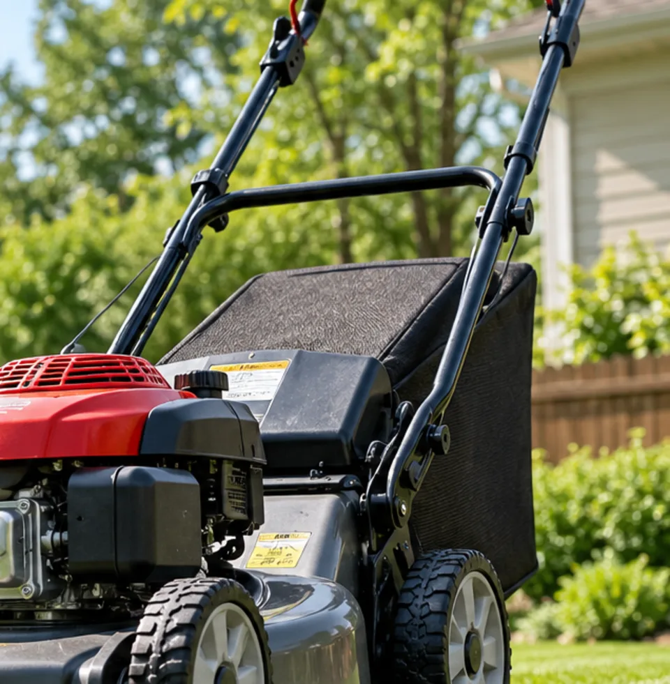 Walk-behind mower on a sunlit suburban lawn