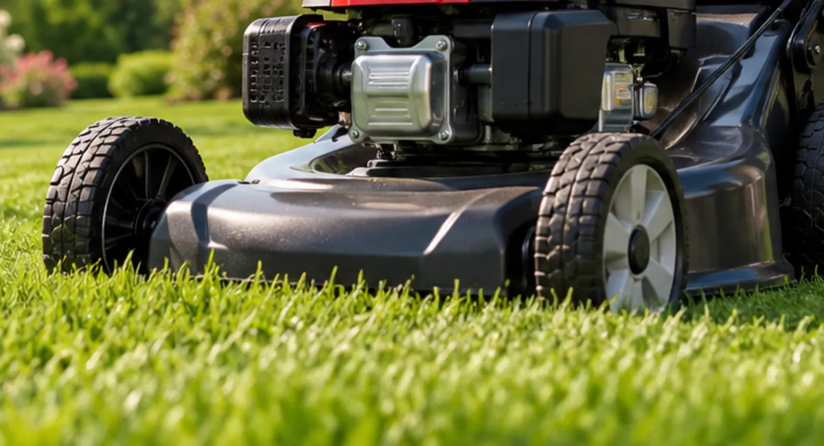 Close view of a walk-behind mower deck moving across residential grass